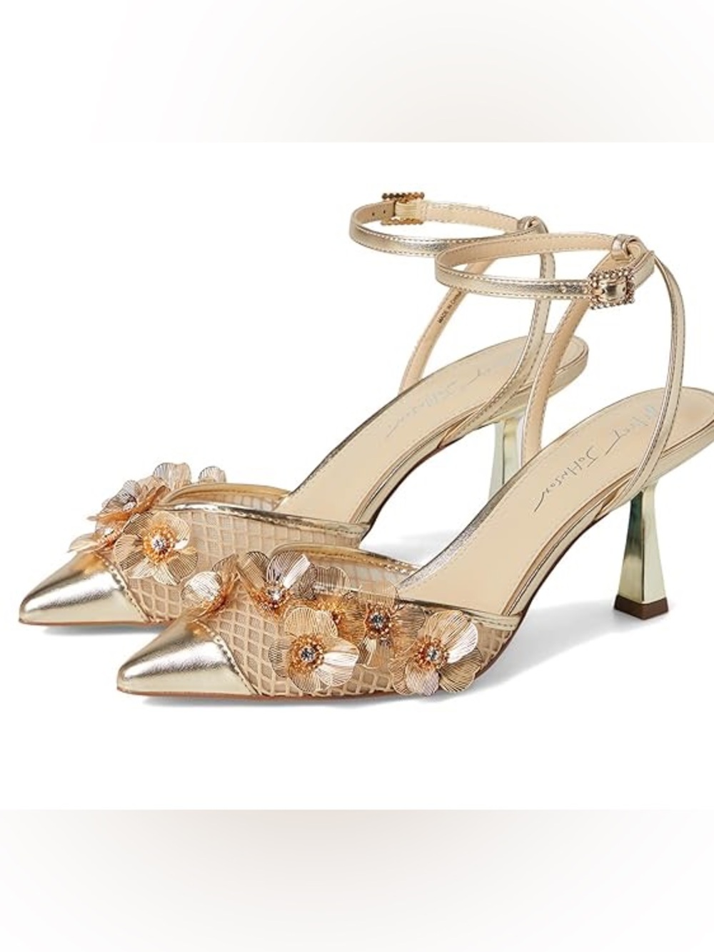 Betsey Johnson Carli Gold Floral Embellished Ankle-Strap Heels